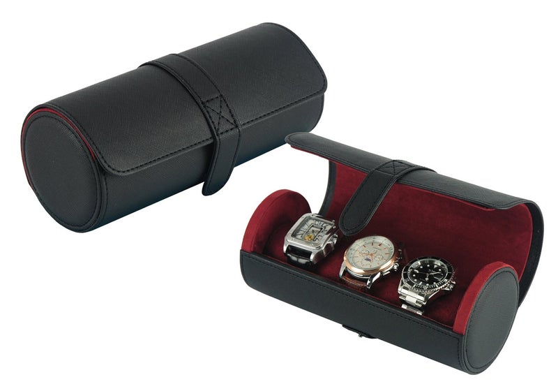 TIMELYBUYS Deluxe Black Saffiano 3 Watch Bangle Bracelet Travel Watch Case and Jewelry Roll - Image 3